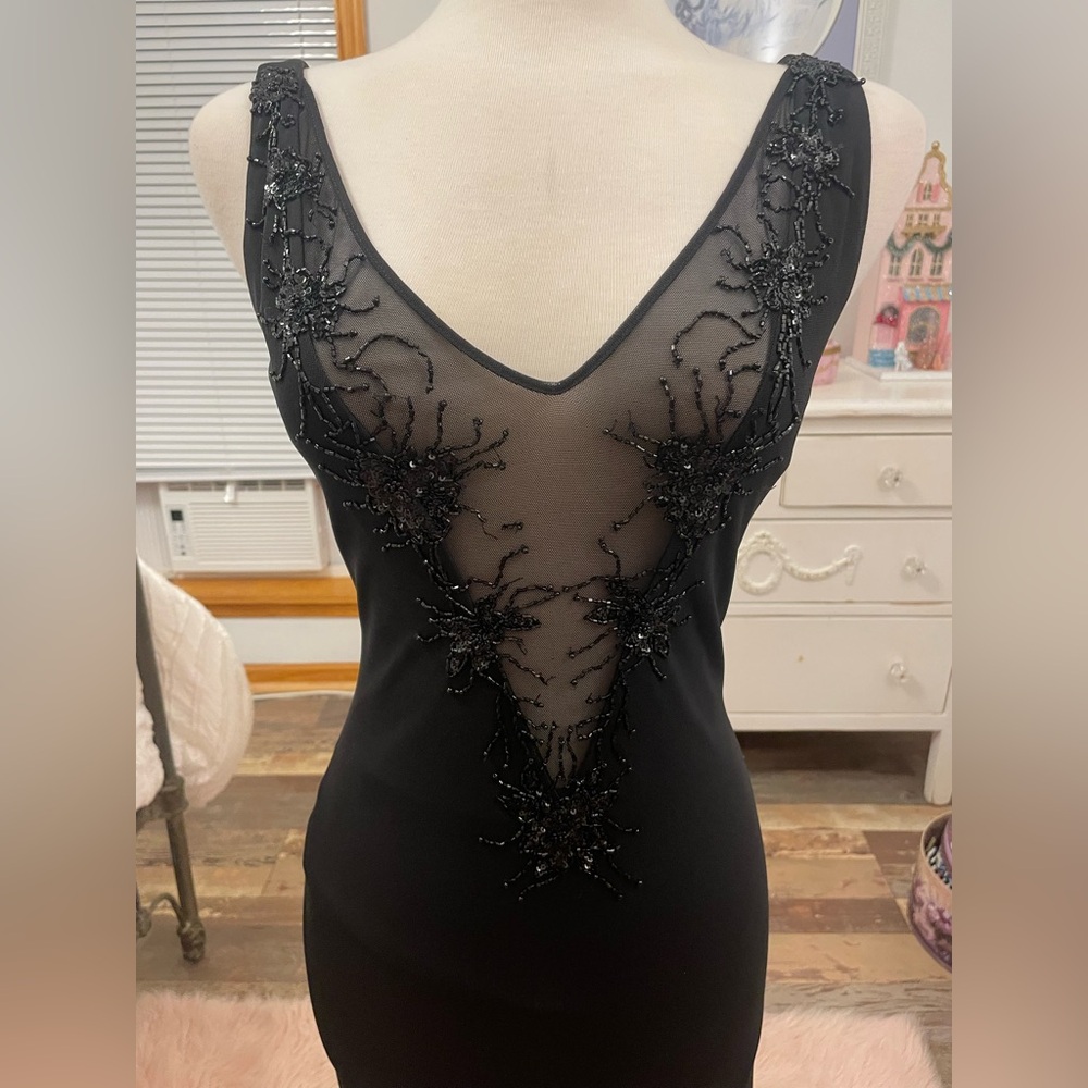 Drop-dead sexy Y2K dress with sheer black mesh and intricate beading! Stunning!